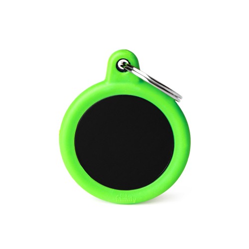 MyFamily Hushtag Black Aluminum Circle ID Tag with Green Rubber